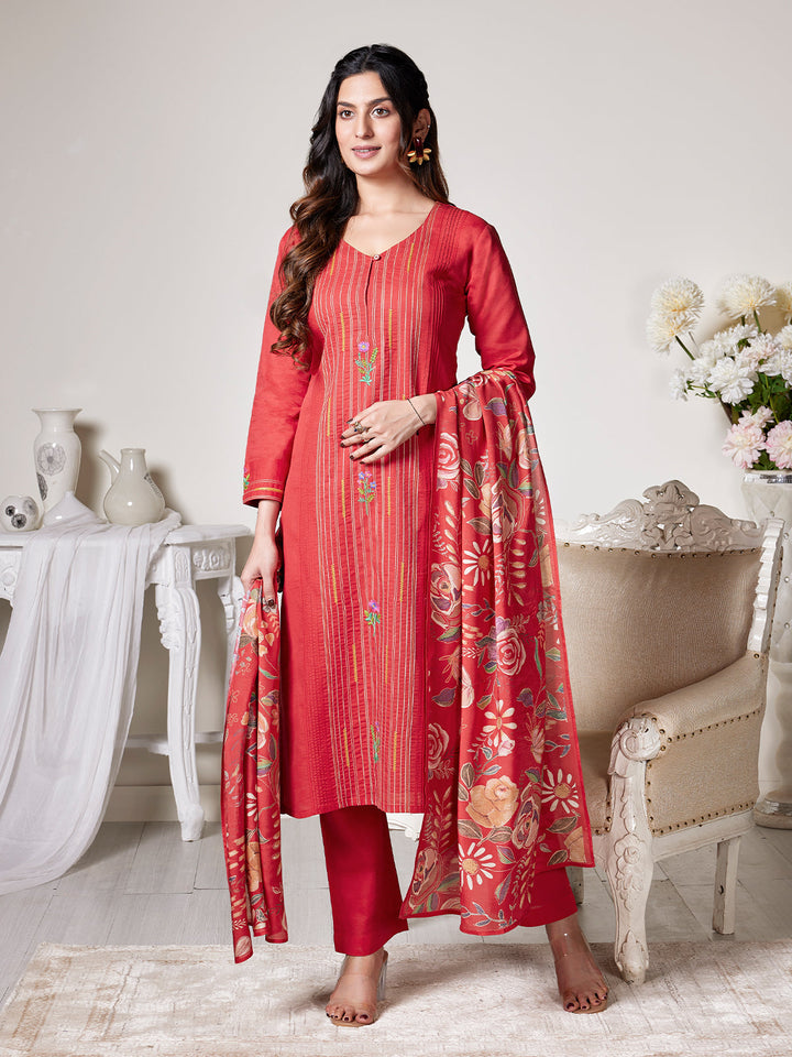 Red Cotton-Linen Suit Set