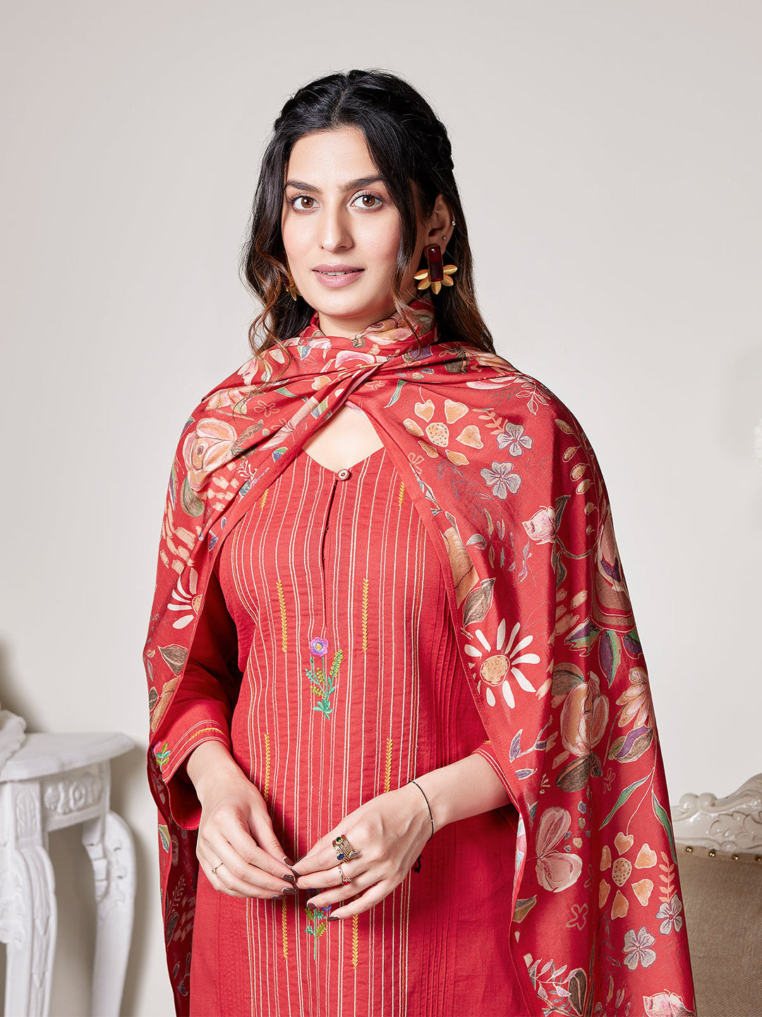 Red Cotton-Linen Suit Set