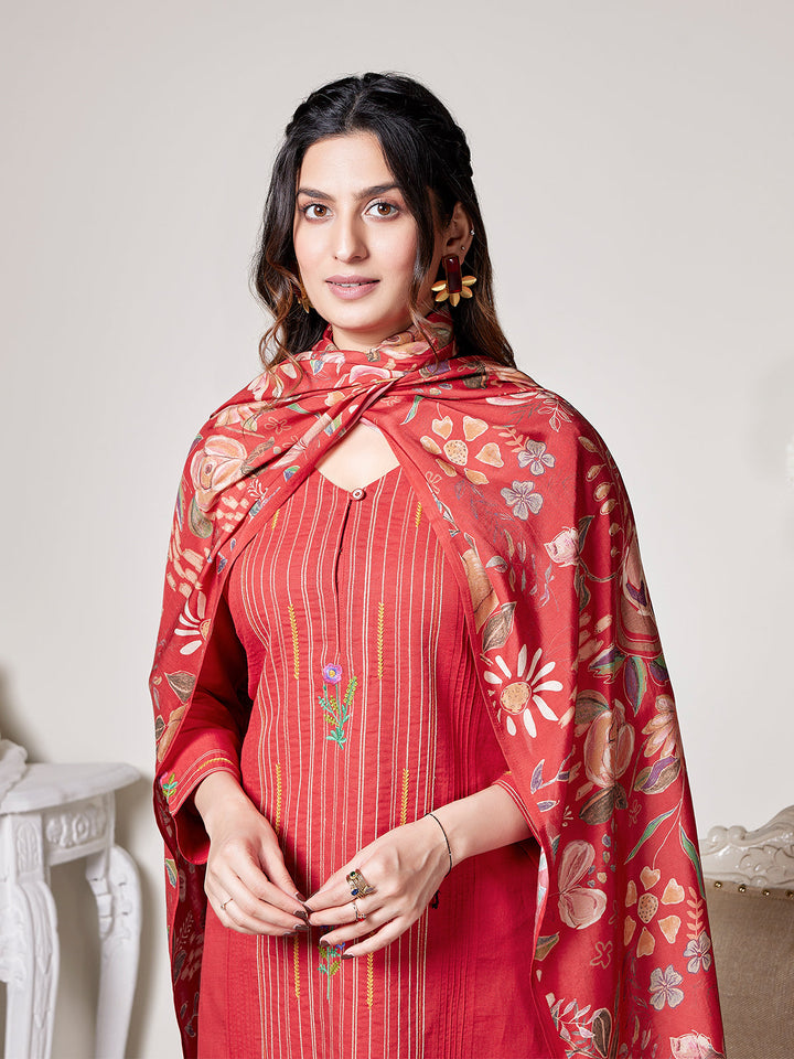 Red Cotton-Linen Suit Set