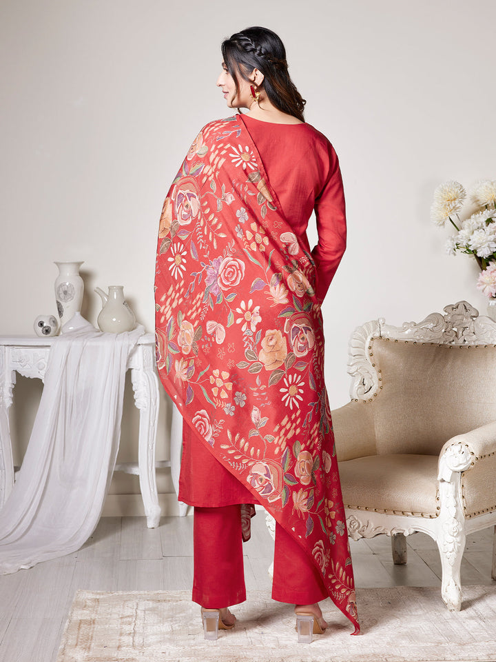 Red Cotton-Linen Suit Set