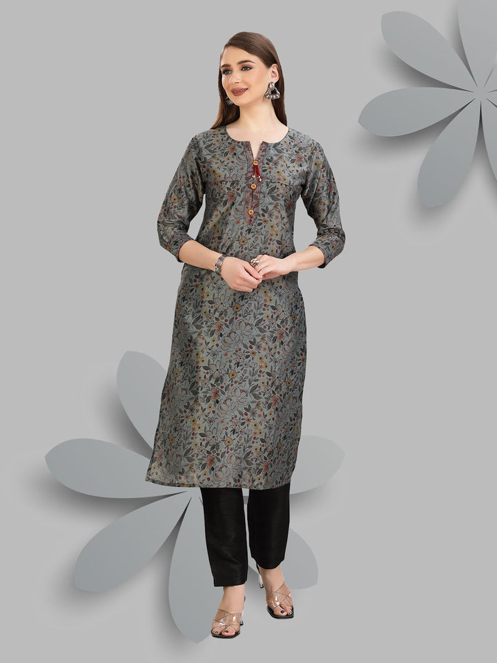 Grey Floral Chanderi Kurti