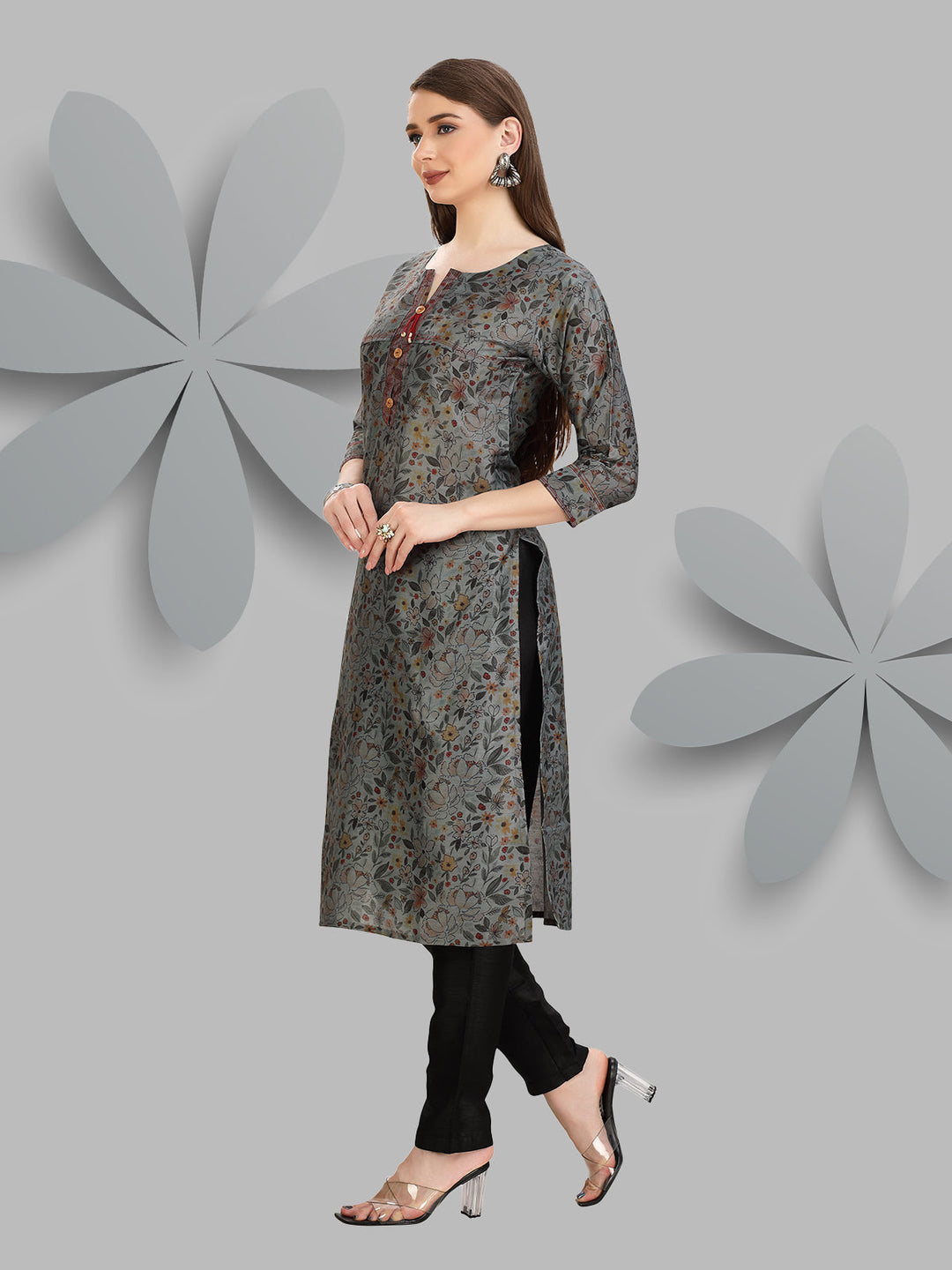 Grey Floral Chanderi Kurti