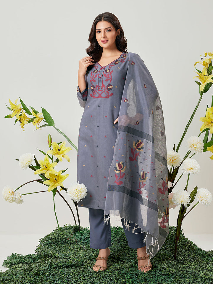 Grey Jamdani Woven Suit Set