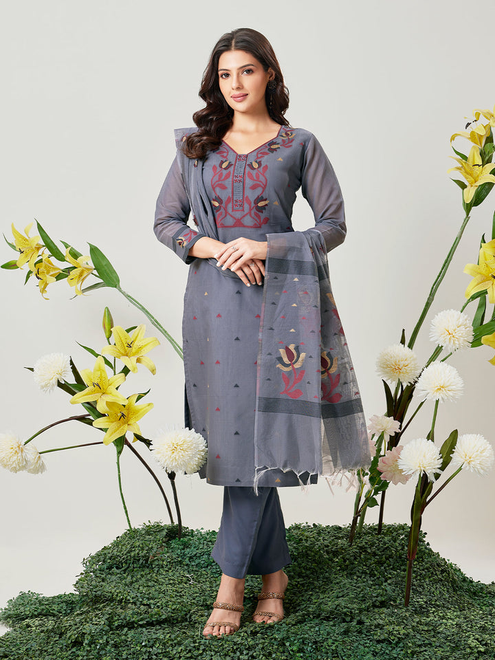 Grey Jamdani Woven Suit Set