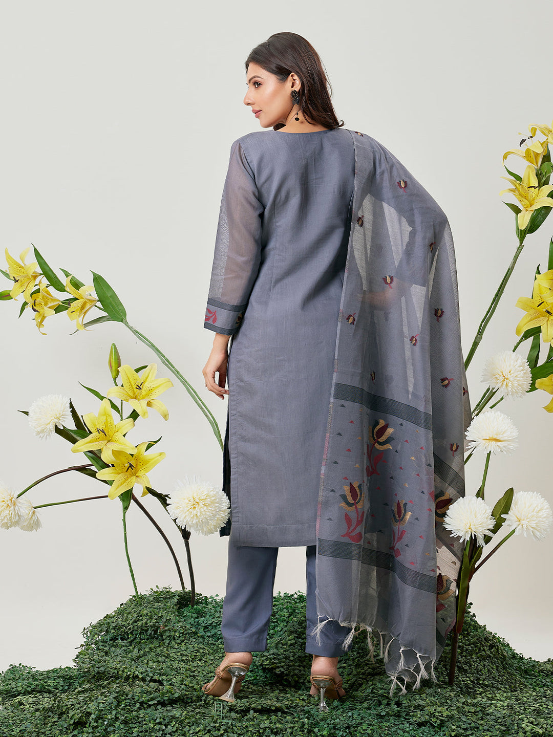 Grey Jamdani Woven Suit Set