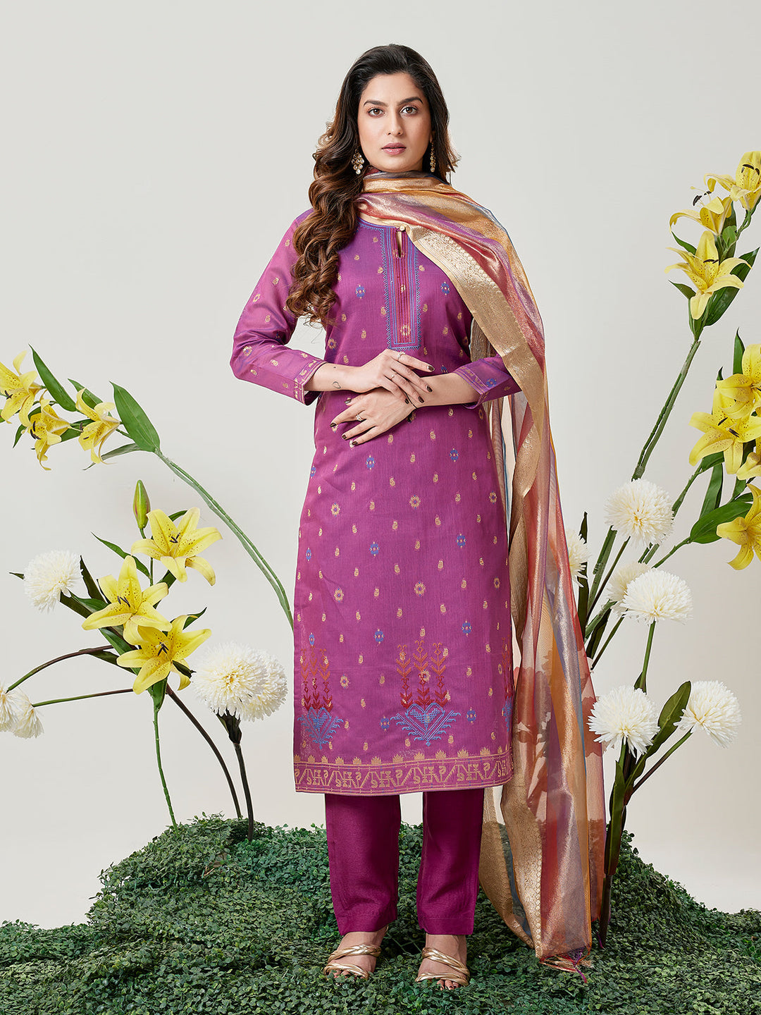 Plum Jamdani Woven Suit Set