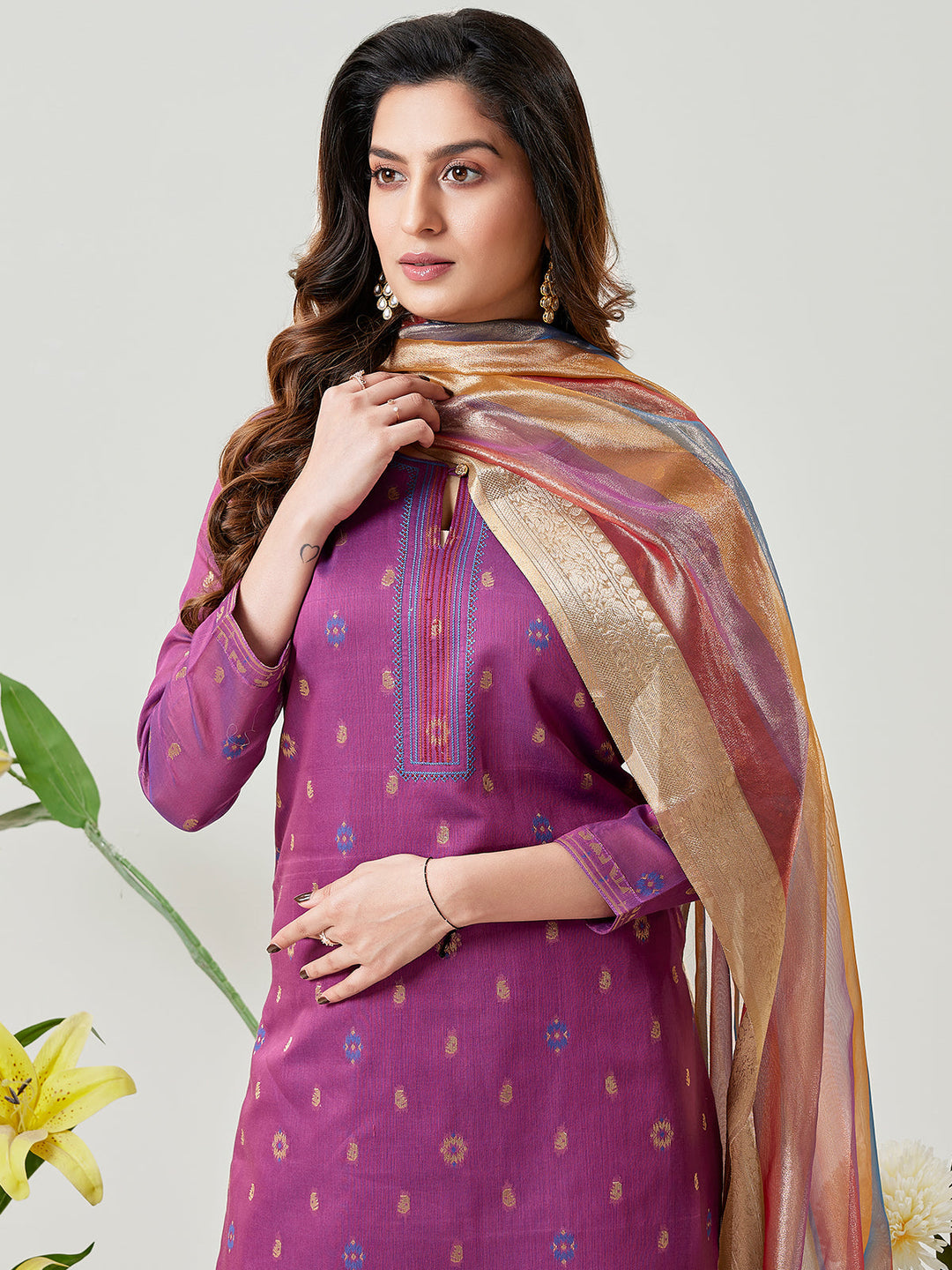 Plum Jamdani Woven Suit Set