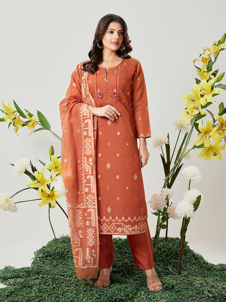 Rust Jamdani Woven Suit Set