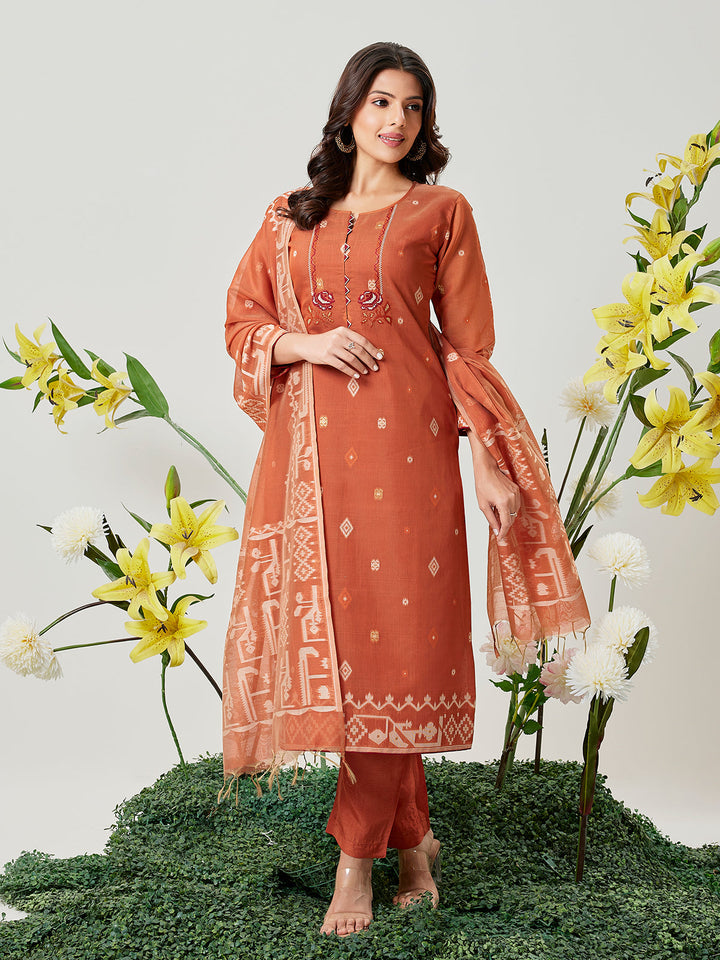 Rust Jamdani Woven Suit Set