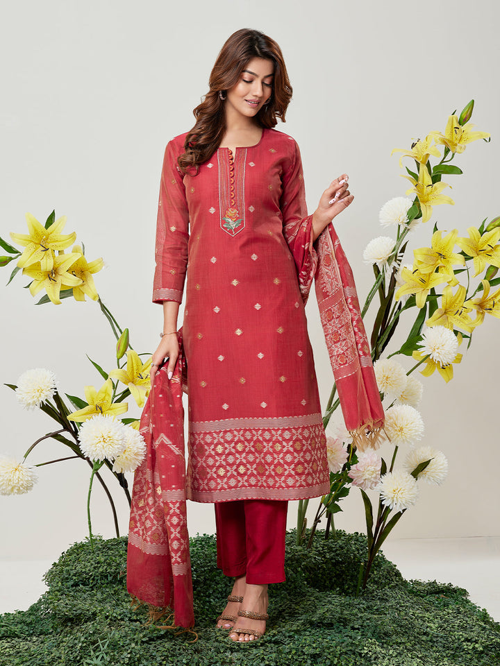 Red Jamdani Woven Suit Set