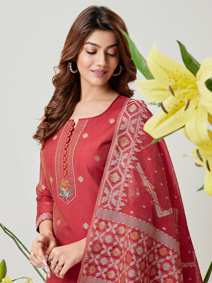 Red Jamdani Woven Suit Set