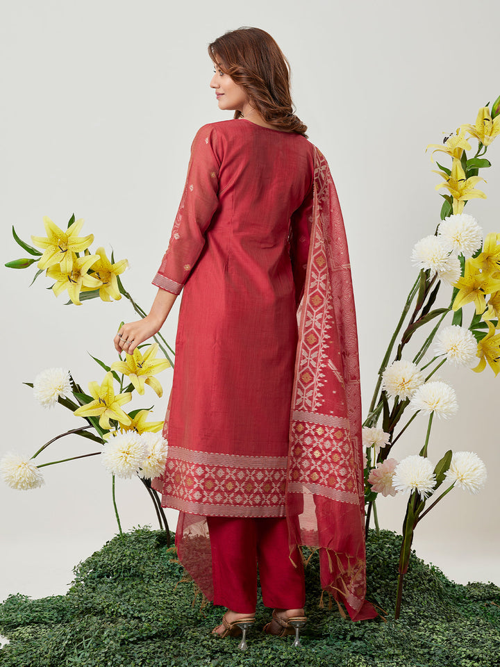 Red Jamdani Woven Suit Set