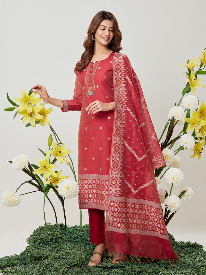 Red Jamdani Woven Suit Set