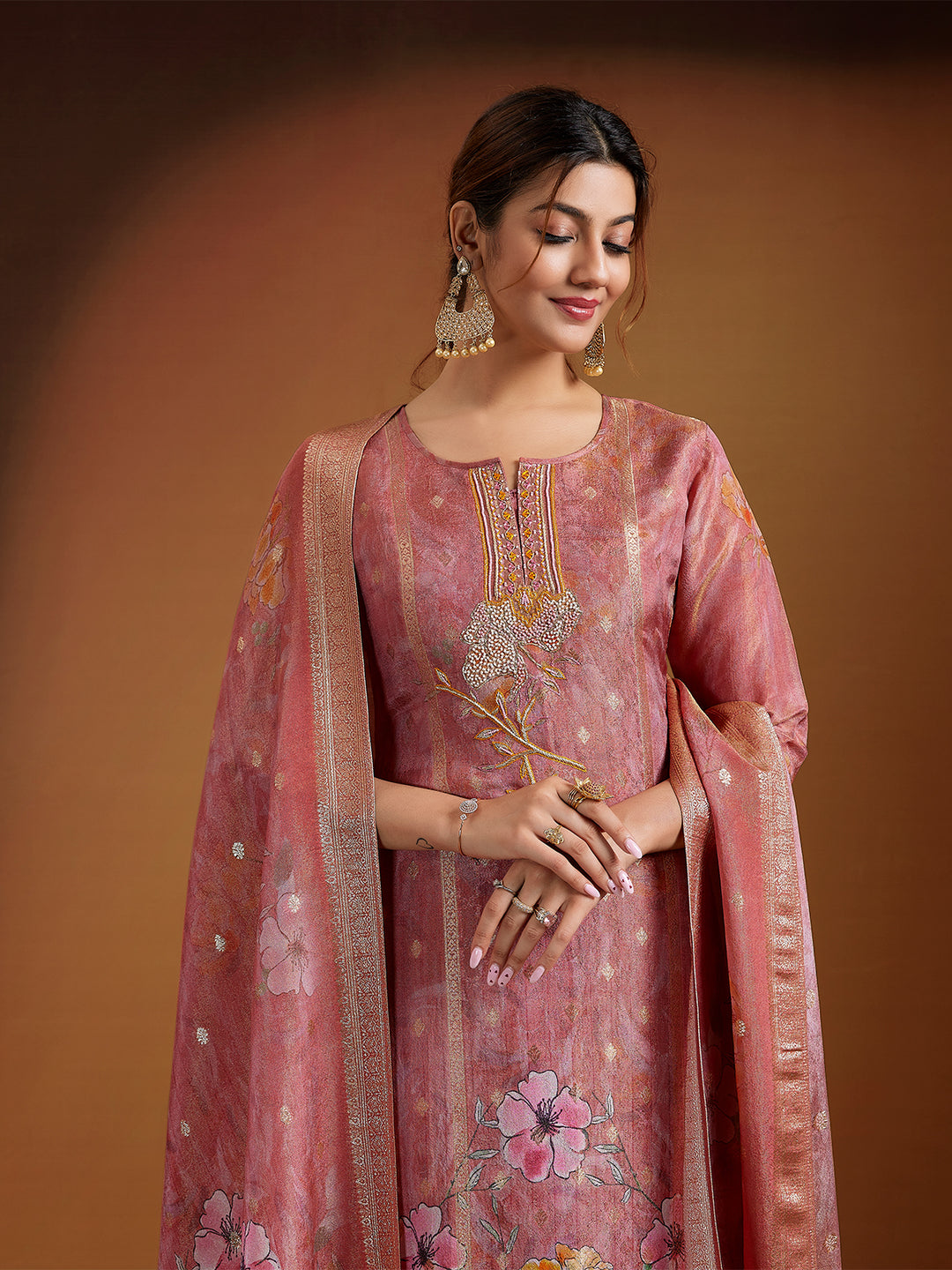 Dusty Rose Jacquard Silk Suit Set