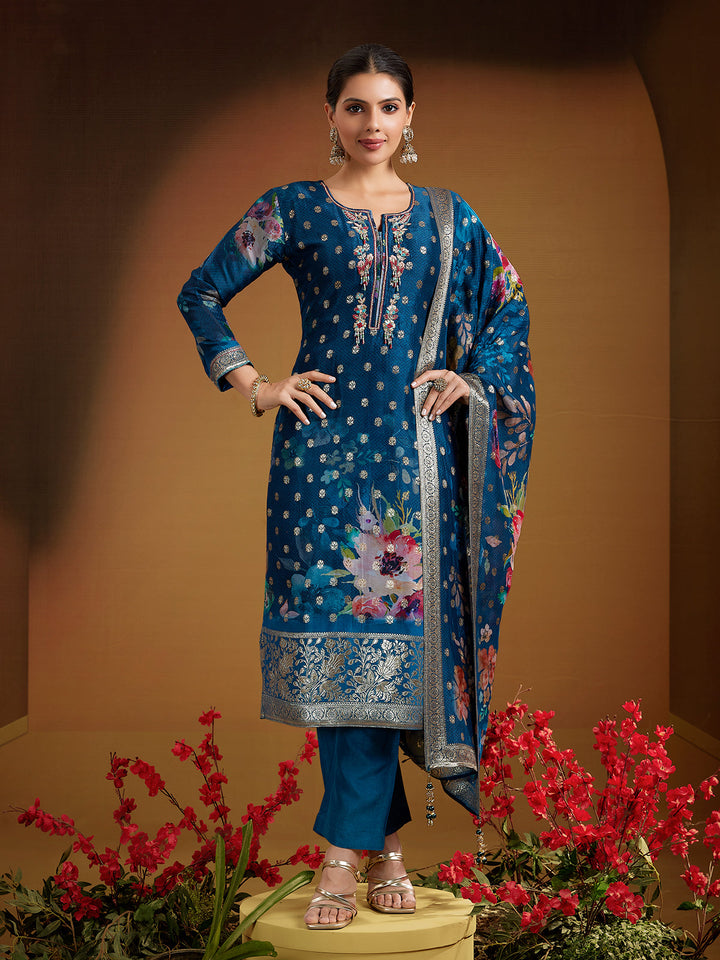 Blue Jacquard Organza Suit Set