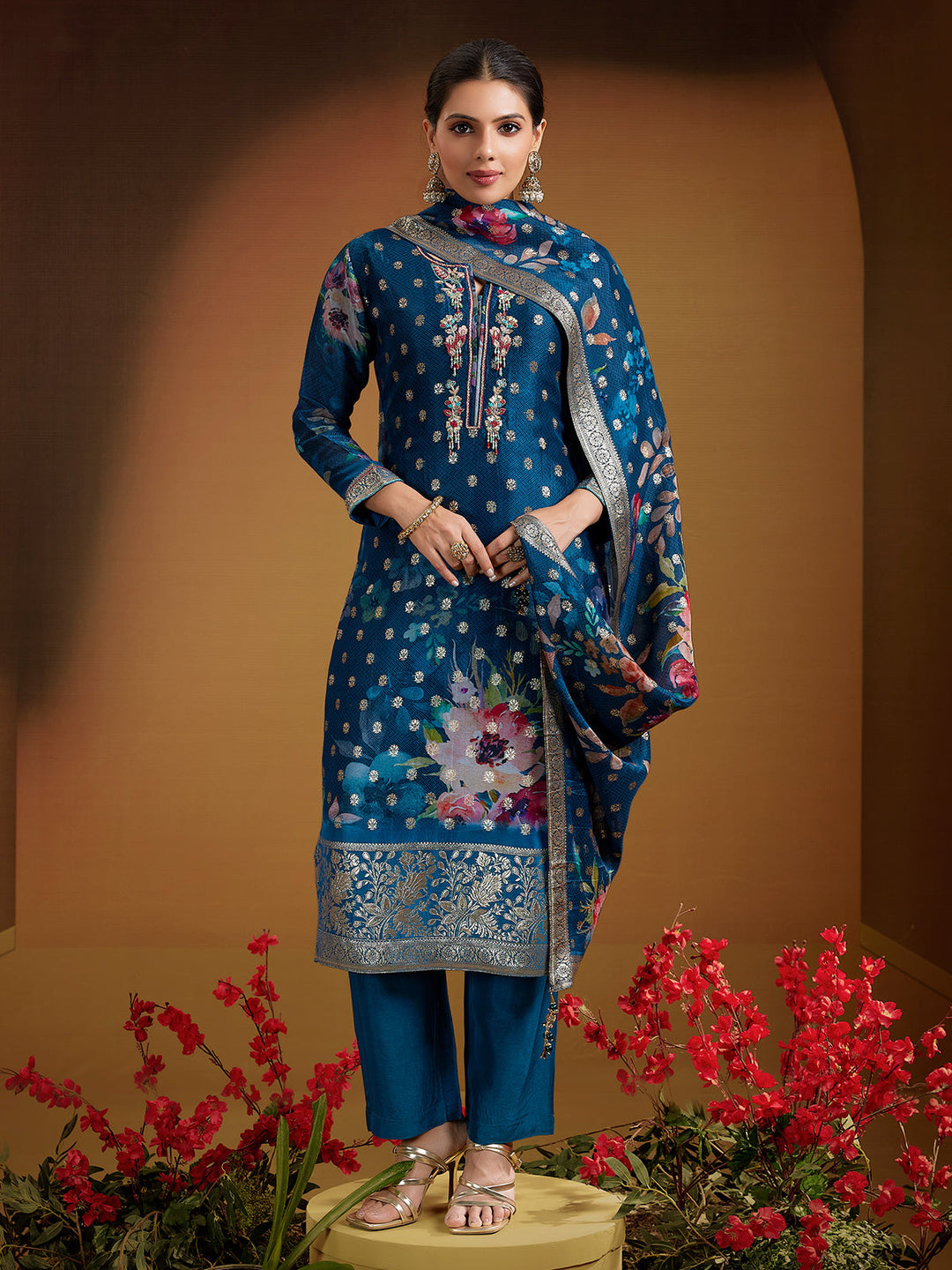 Blue Jacquard Organza Suit Set