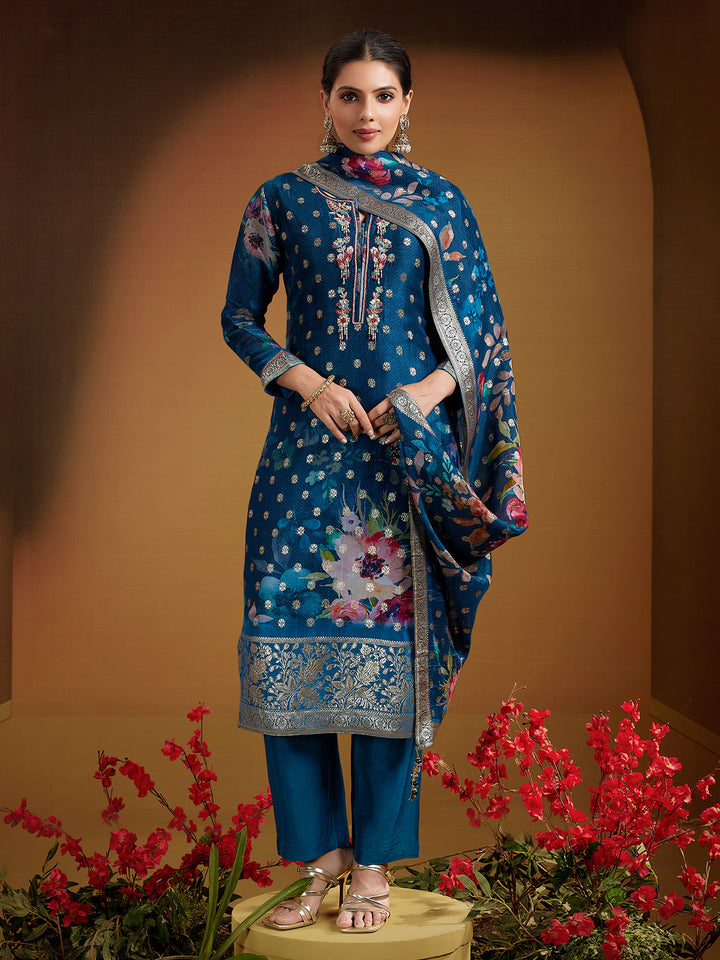 Blue Jacquard Organza Suit Set