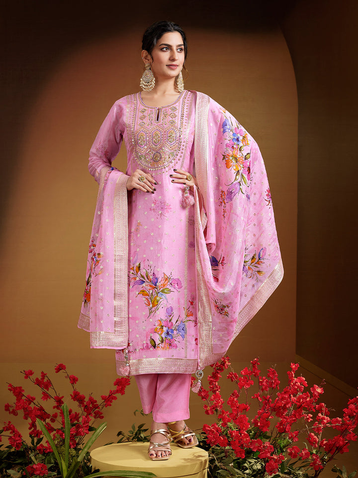 Pastel Pink Jacquard Organza Suit Set