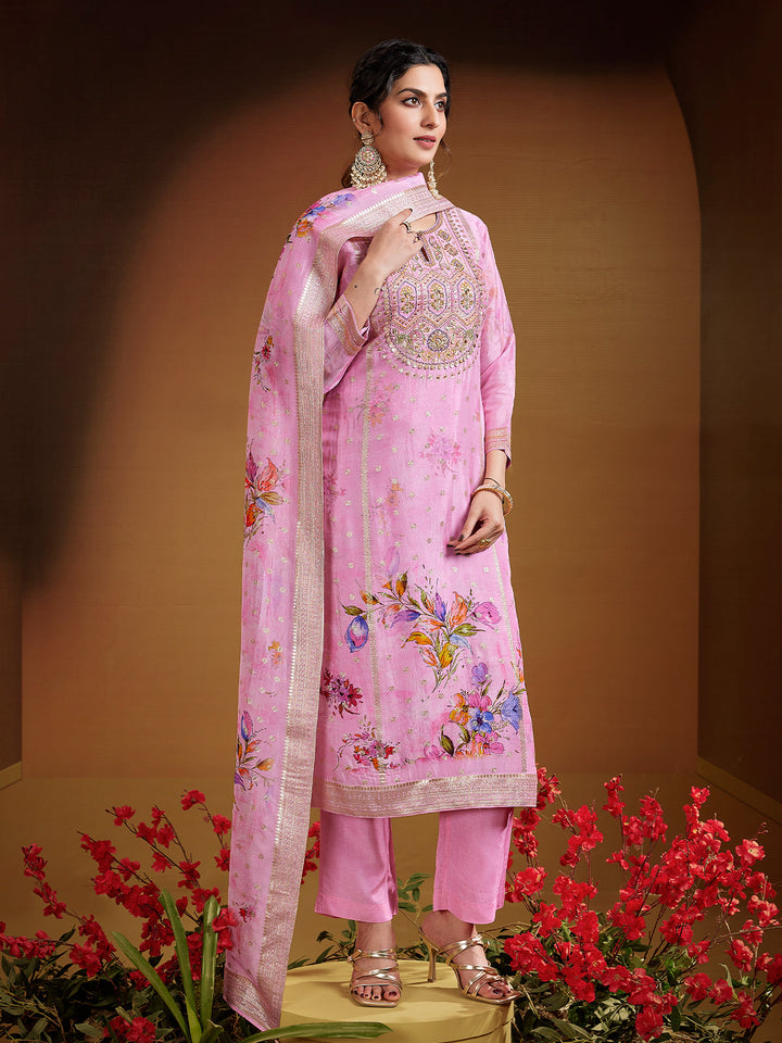 Pastel Pink Jacquard Organza Suit Set