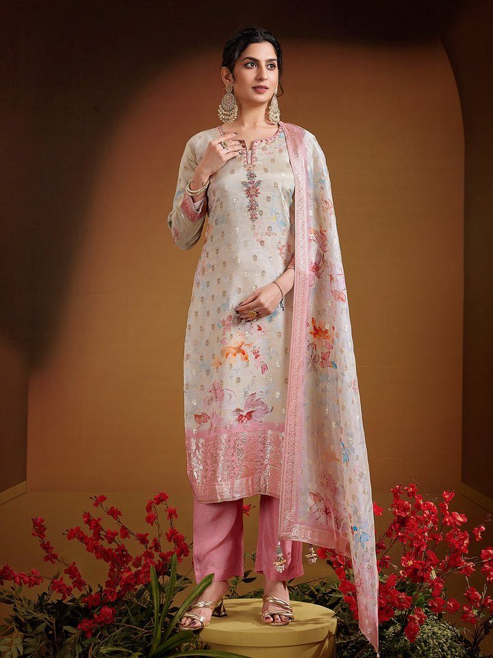 Cream Jacquard Silk Suit Set
