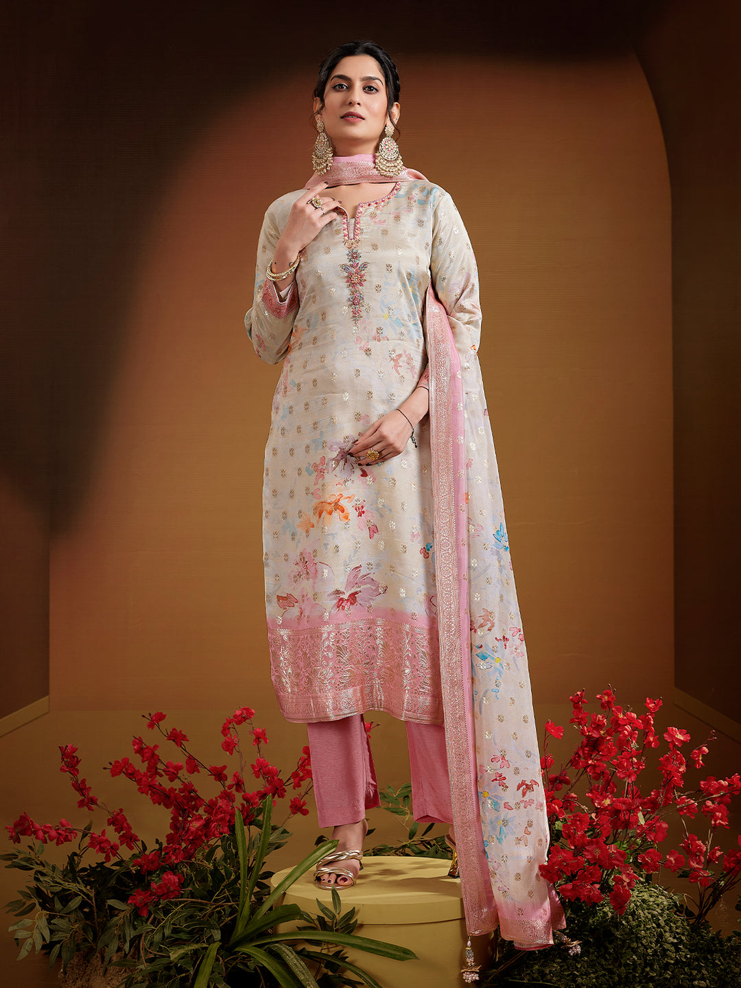 Cream Jacquard Silk Suit Set