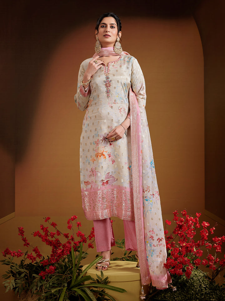 Cream Jacquard Silk Suit Set