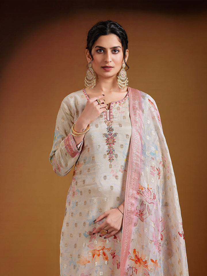 Cream Jacquard Silk Suit Set