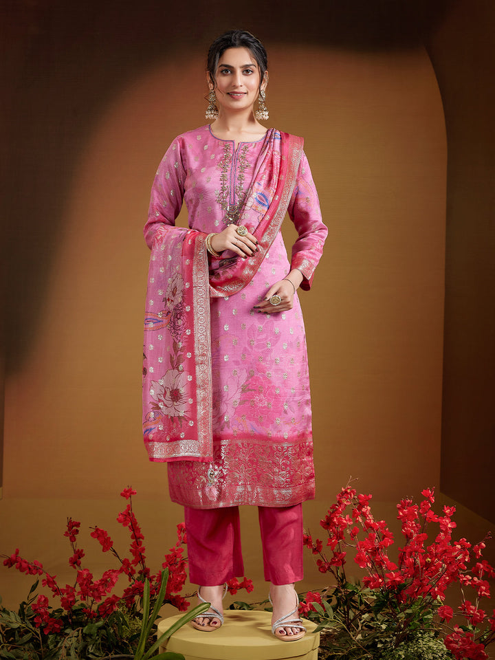 Rose Pink Jacquard Silk Suit Set