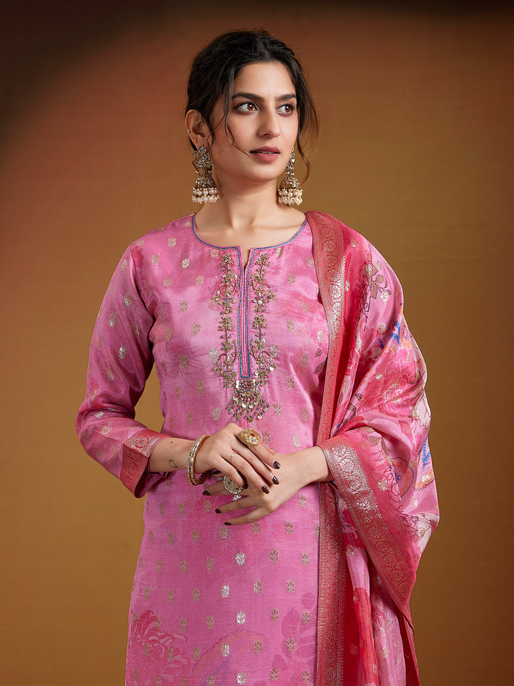 Rose Pink Jacquard Silk Suit Set
