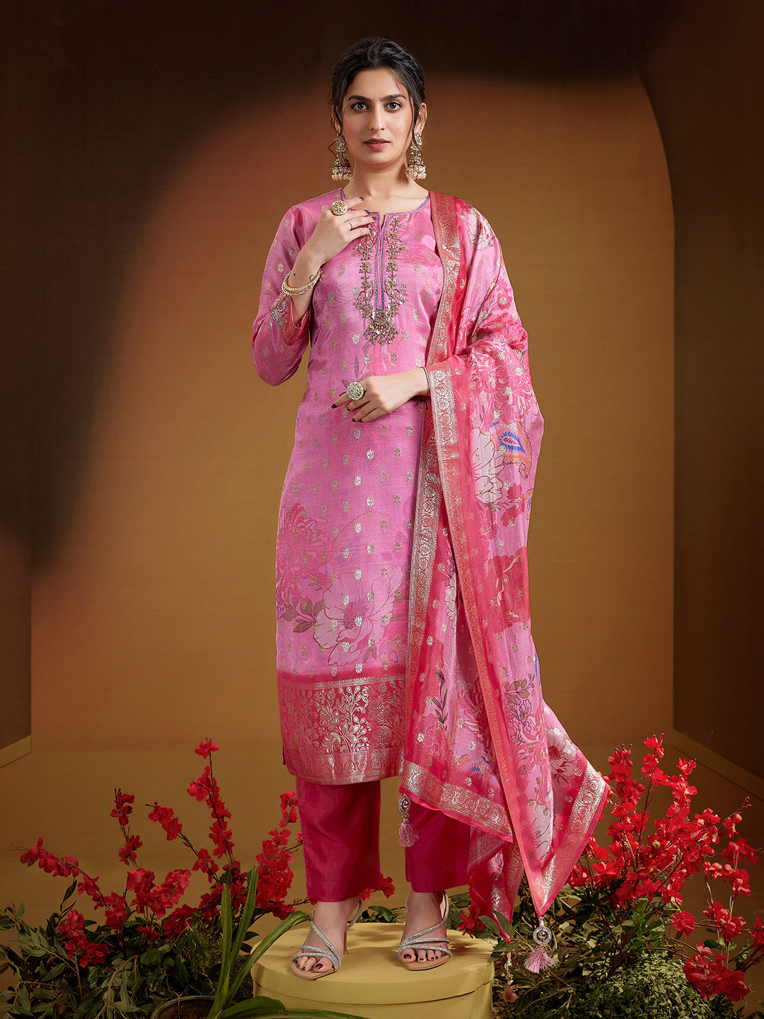 Rose Pink Jacquard Silk Suit Set