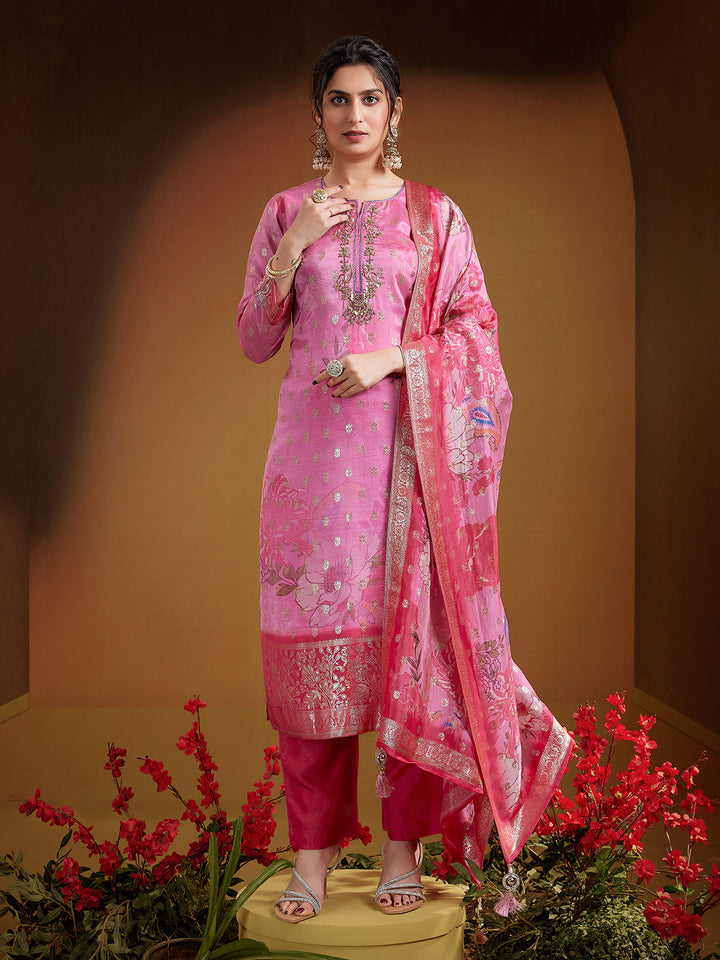 Rose Pink Jacquard Silk Suit Set
