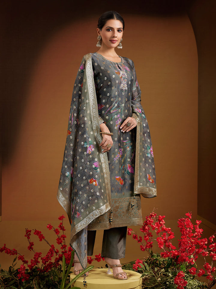 Shadow Grey Jacquard Silk Suit Set