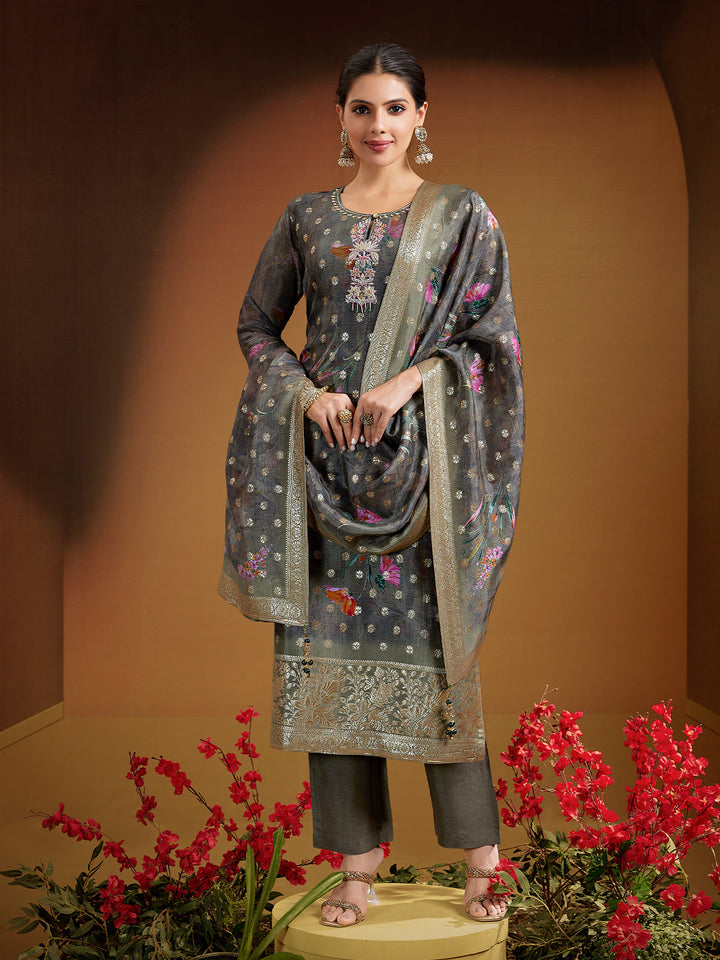 Shadow Grey Jacquard Silk Suit Set