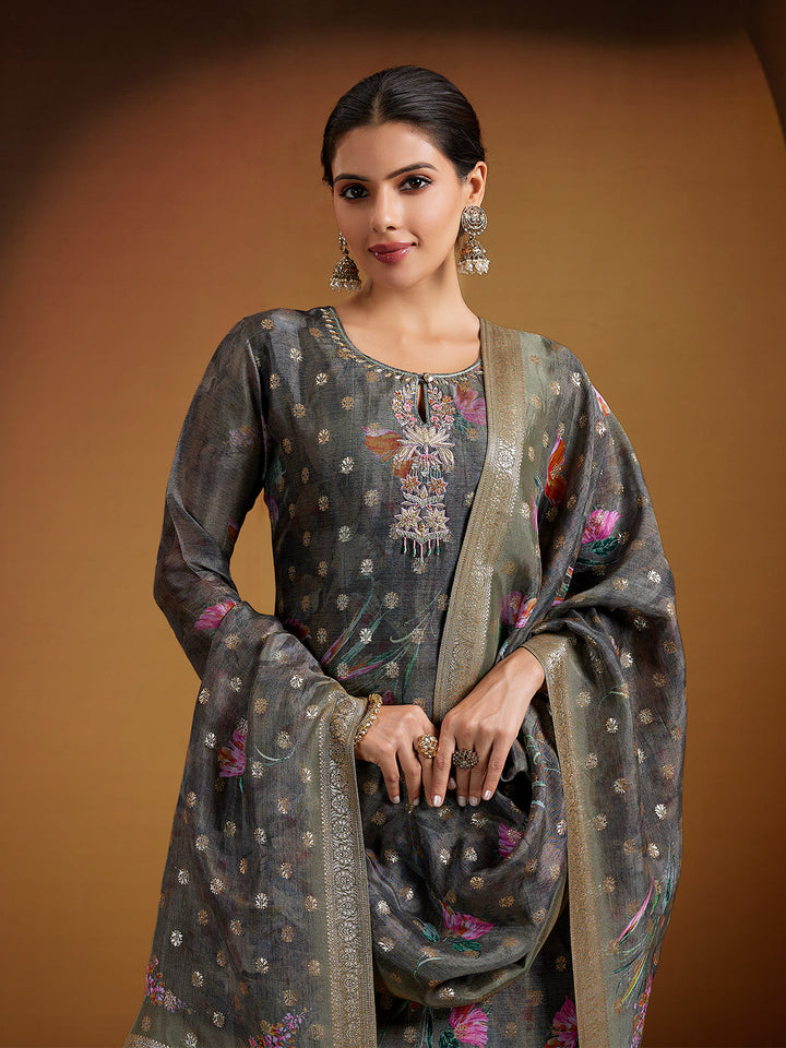 Shadow Grey Jacquard Silk Suit Set
