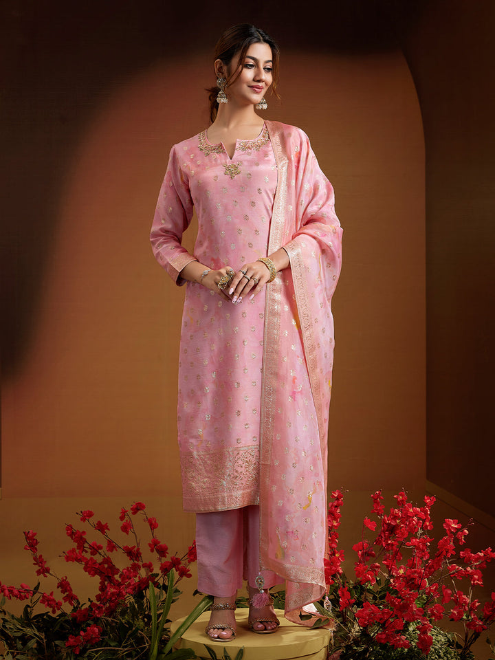 Blush Pink Jacquard Organza Suit Set