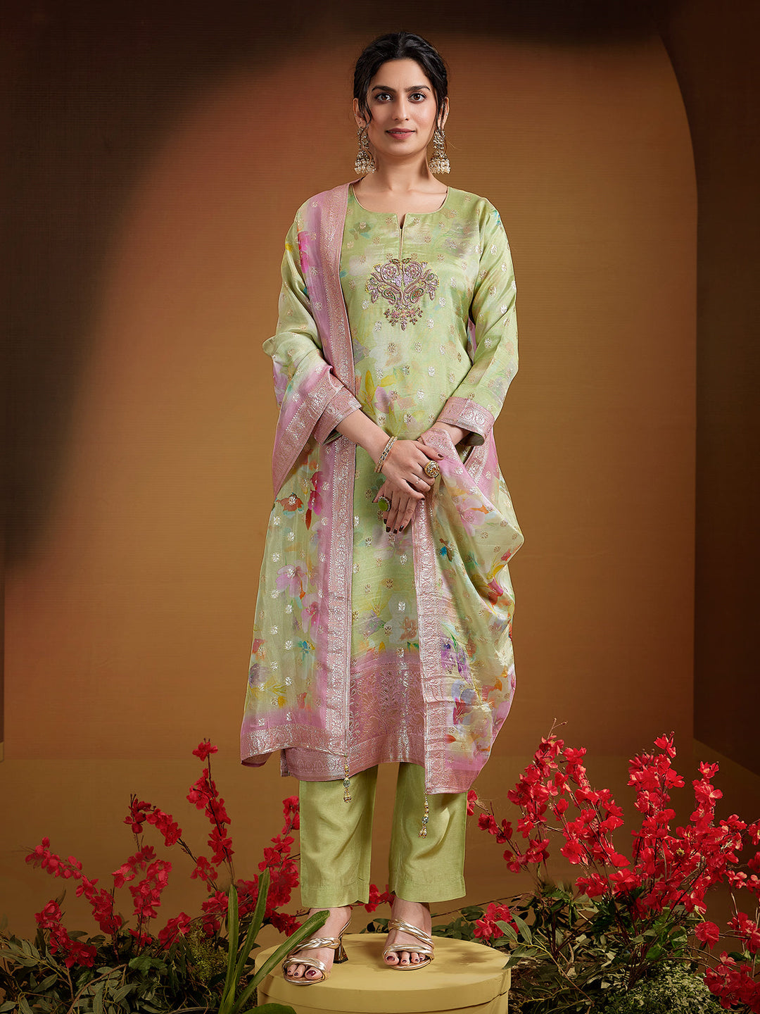 Mint Green Jacquard Organza Suit Set