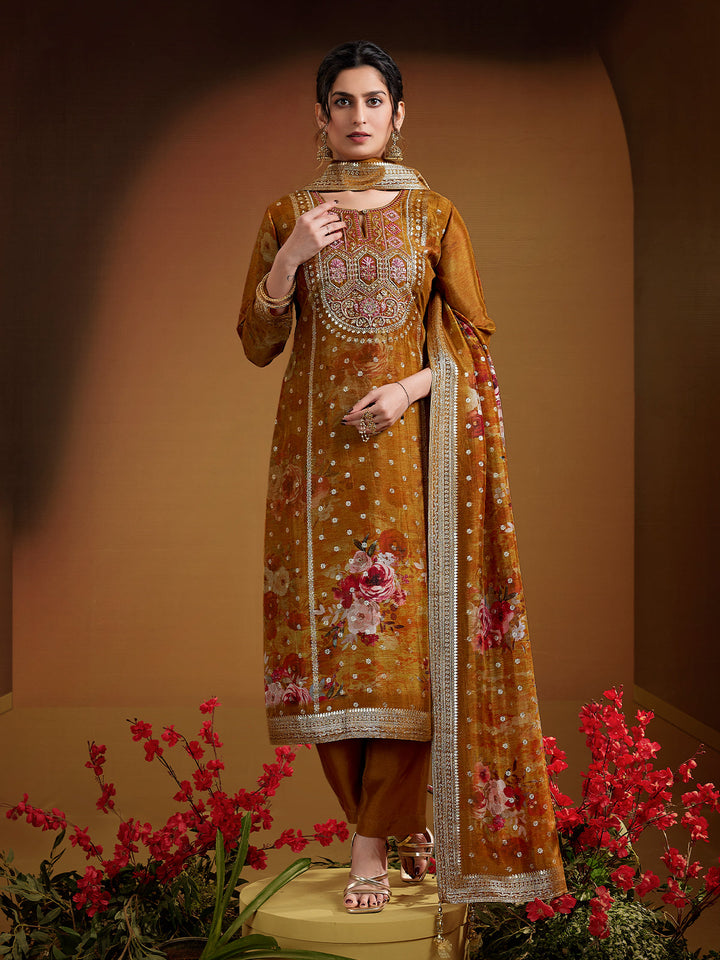 Brown Yellow Jacquard Organza Suit Set