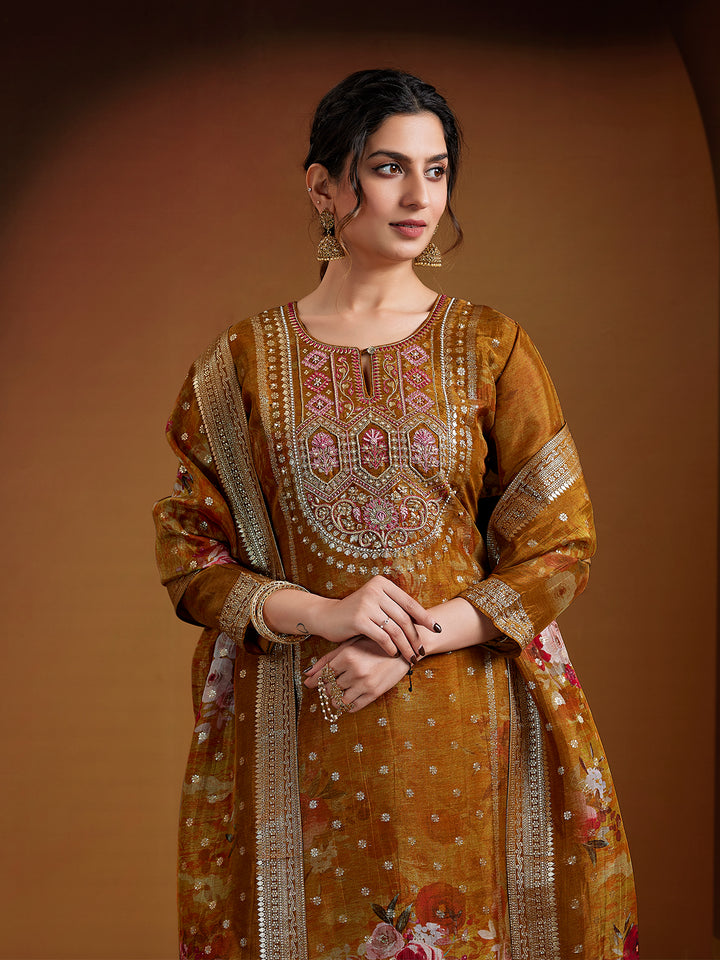 Brown Yellow Jacquard Organza Suit Set