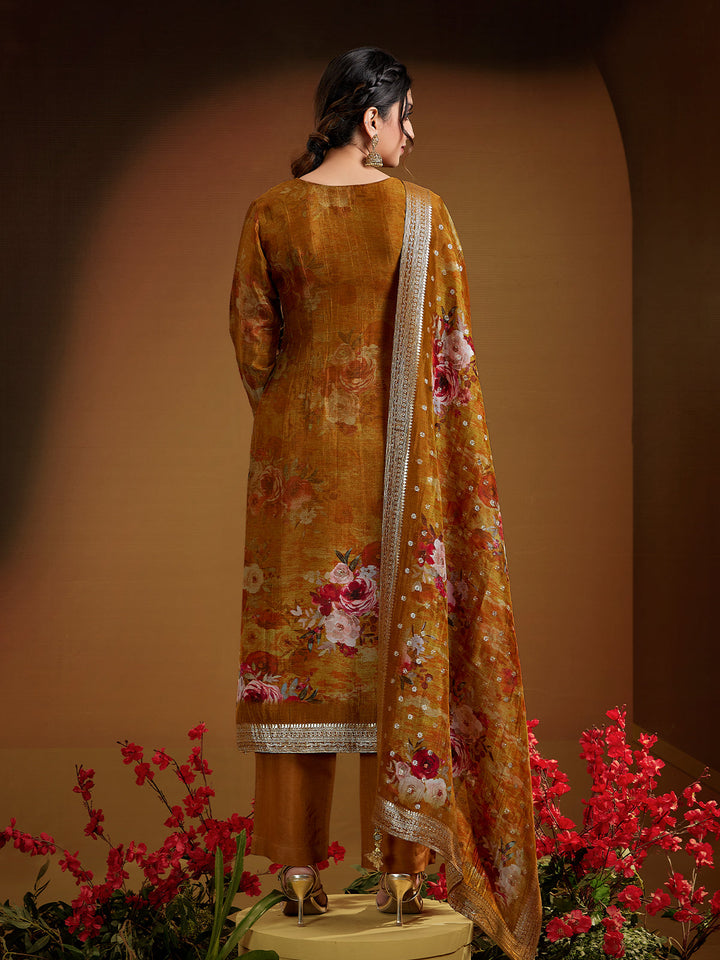 Brown Yellow Jacquard Organza Suit Set