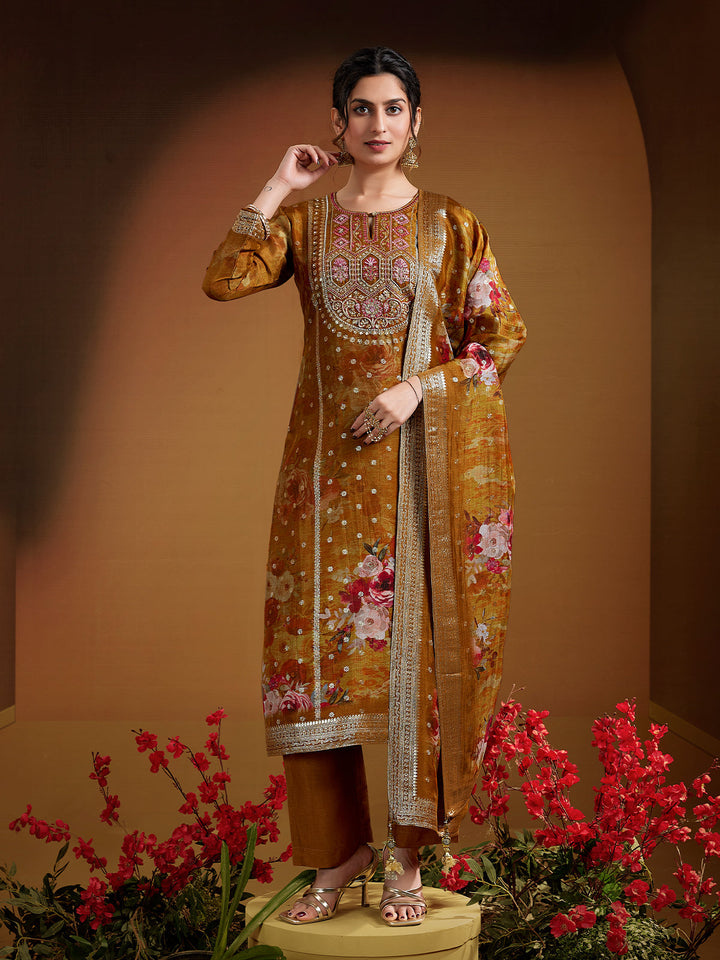 Brown Yellow Jacquard Organza Suit Set