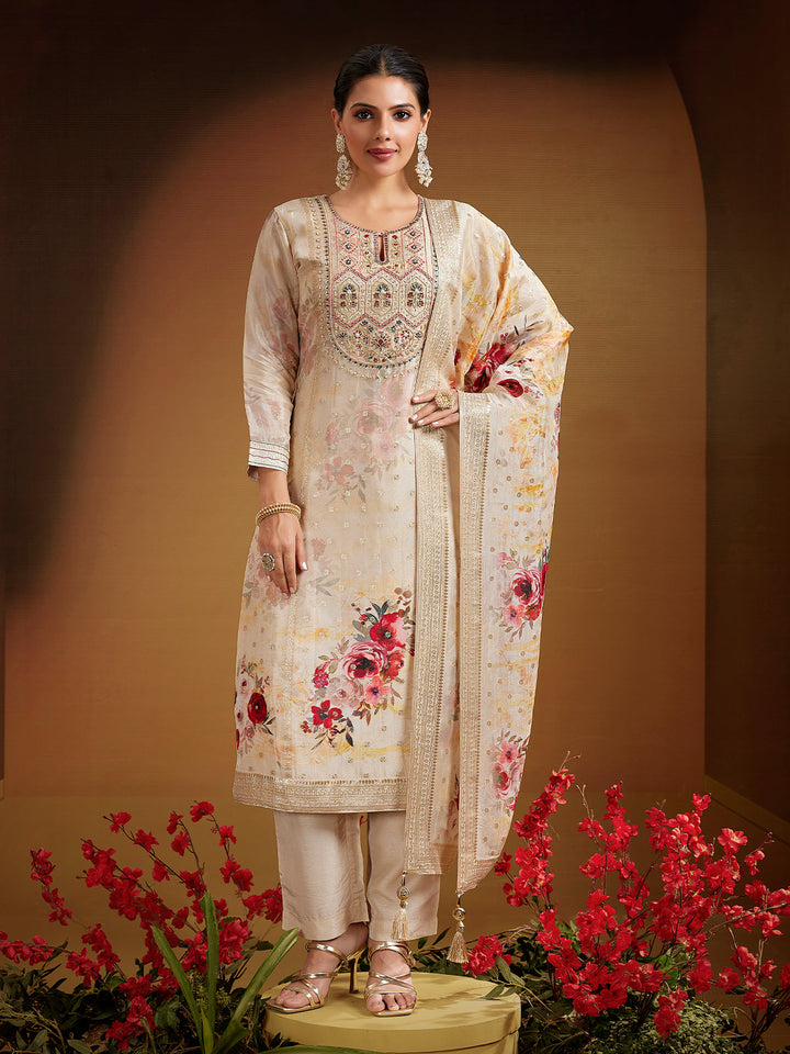 Beige Jacquard Silk Suit Set