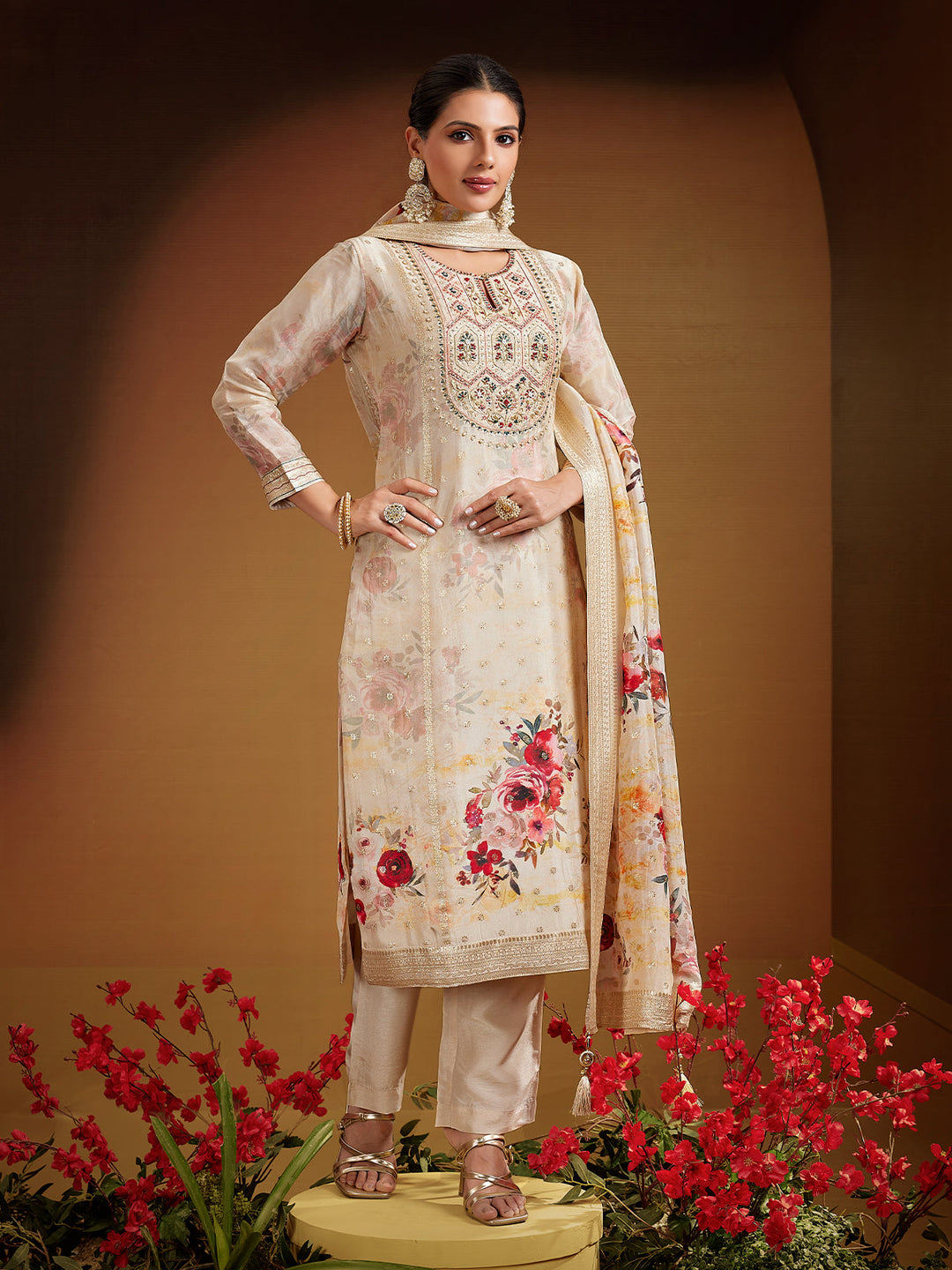 Beige Jacquard Silk Suit Set
