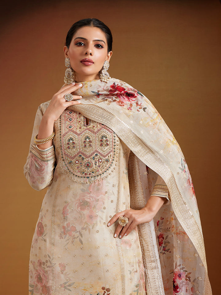 Beige Jacquard Silk Suit Set