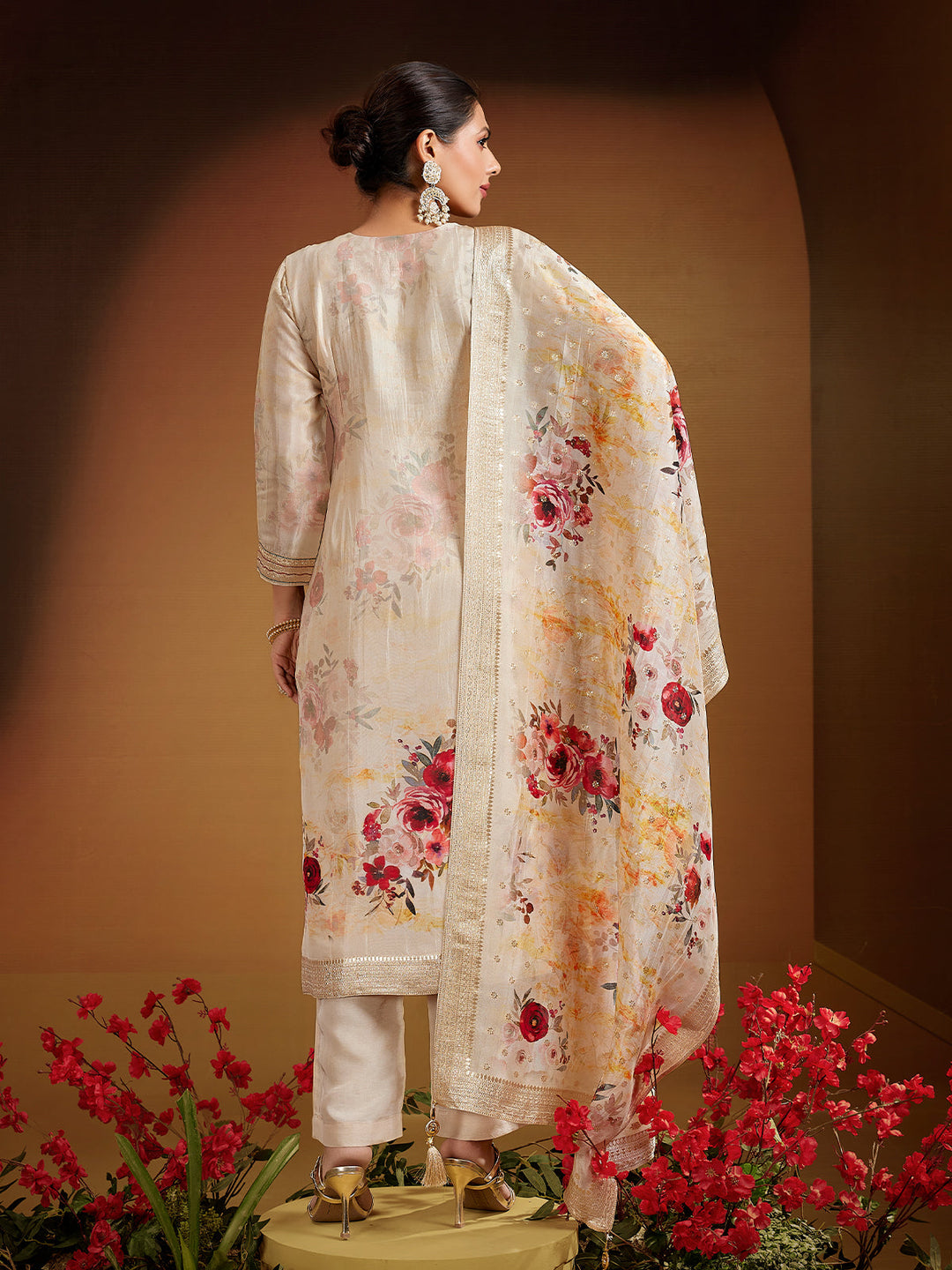 Beige Jacquard Silk Suit Set