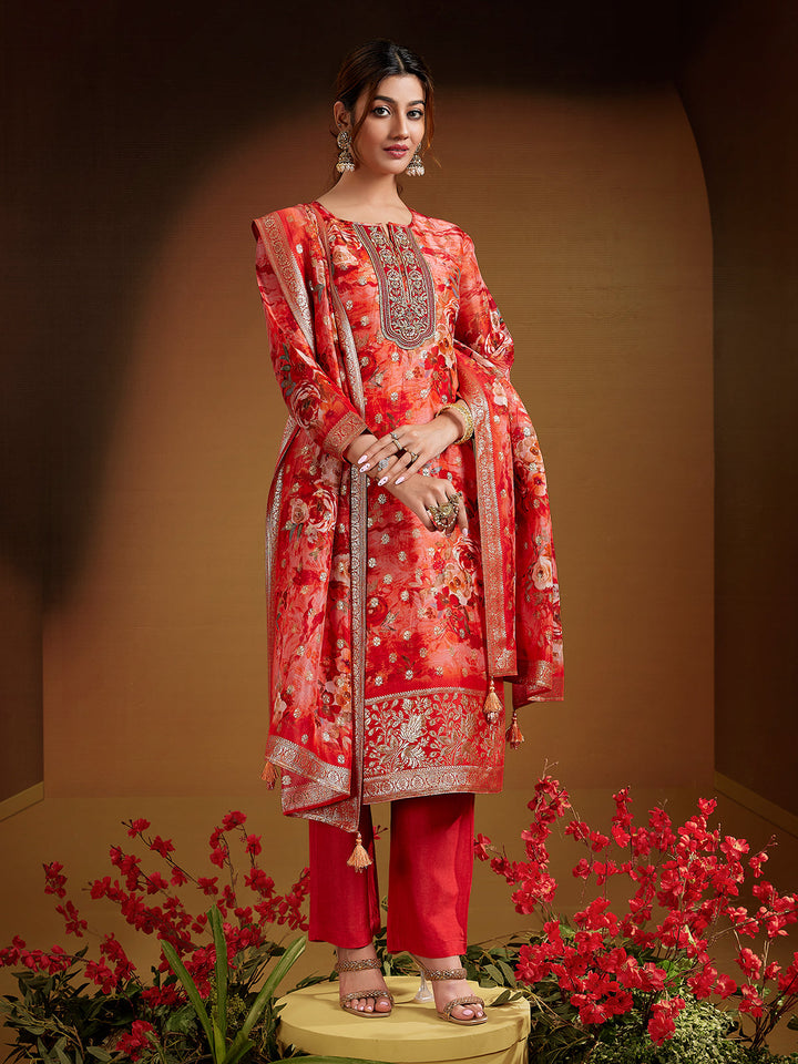 Red Jacquard Organza Suit Set