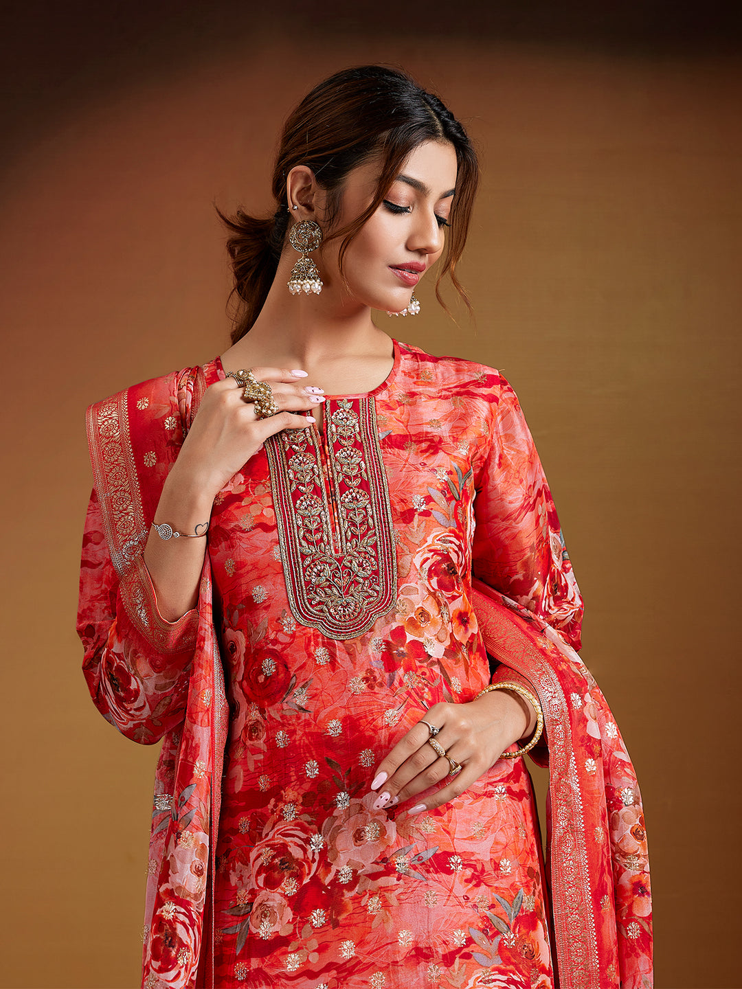 Red Jacquard Organza Suit Set