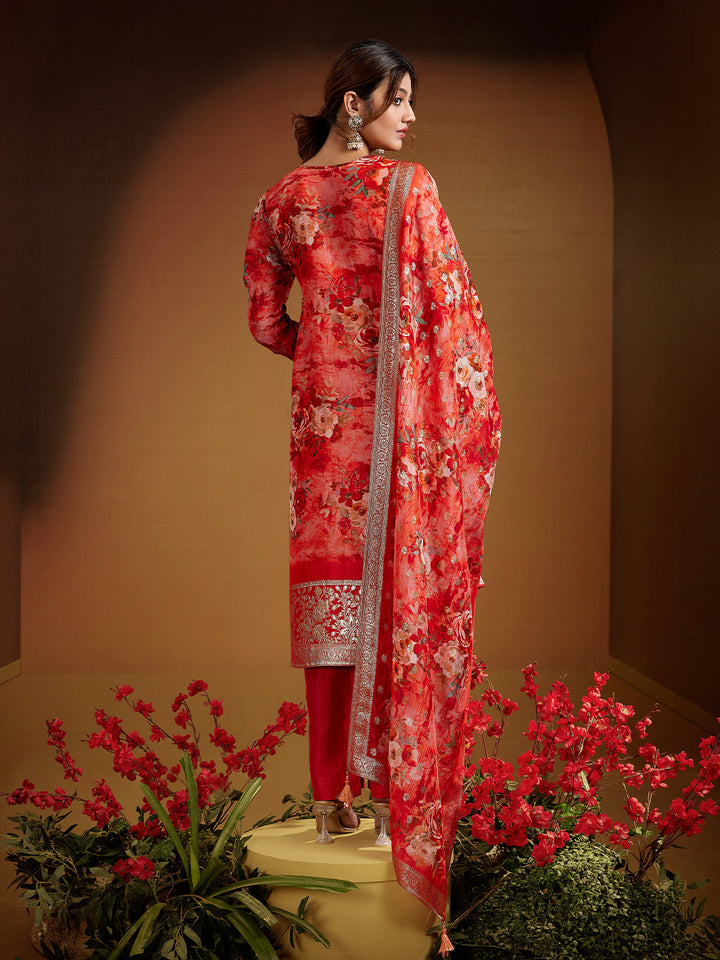 Red Jacquard Organza Suit Set