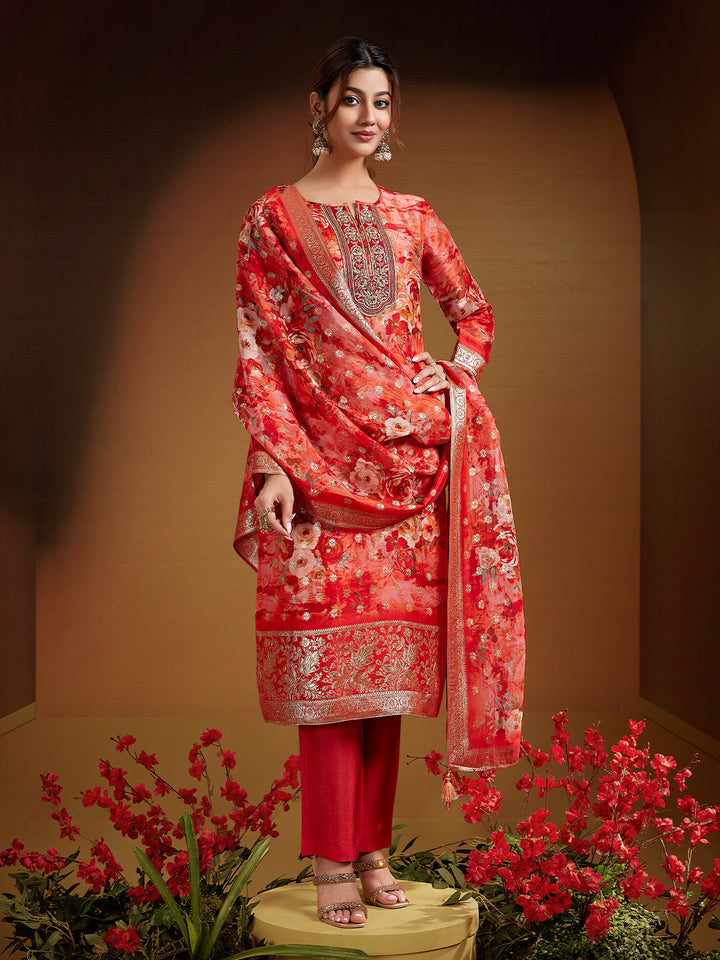 Red Jacquard Organza Suit Set