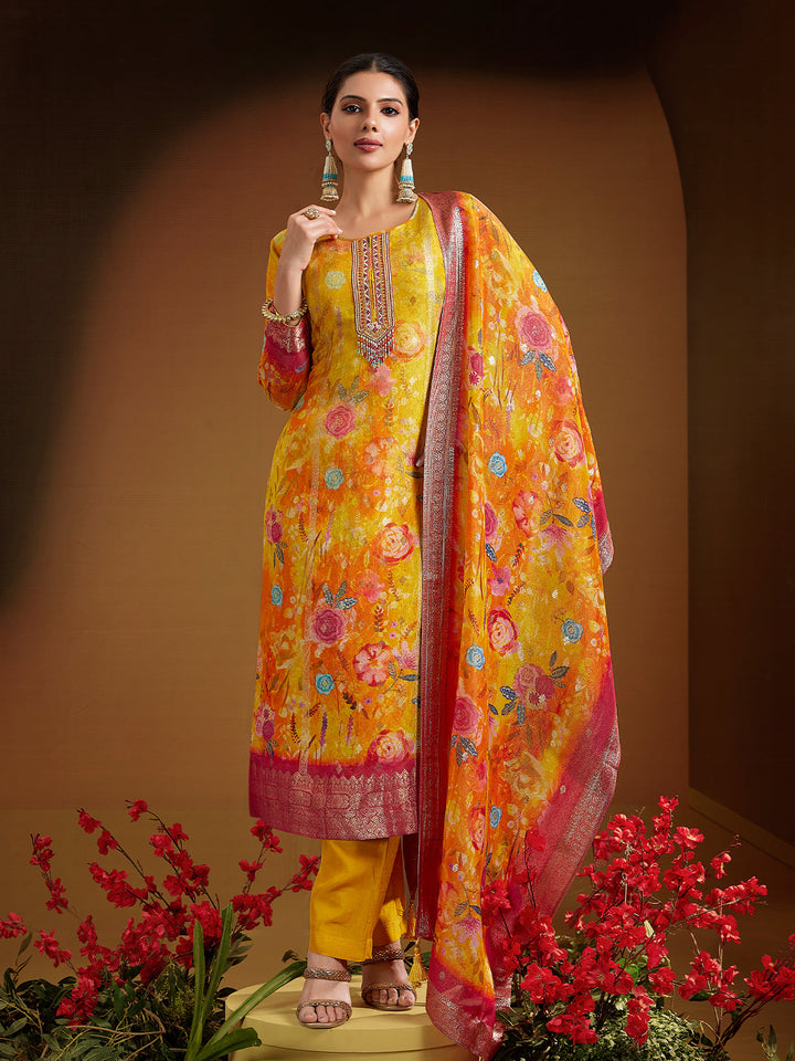 Mustard Yellow Jacquard Silk Suit Set