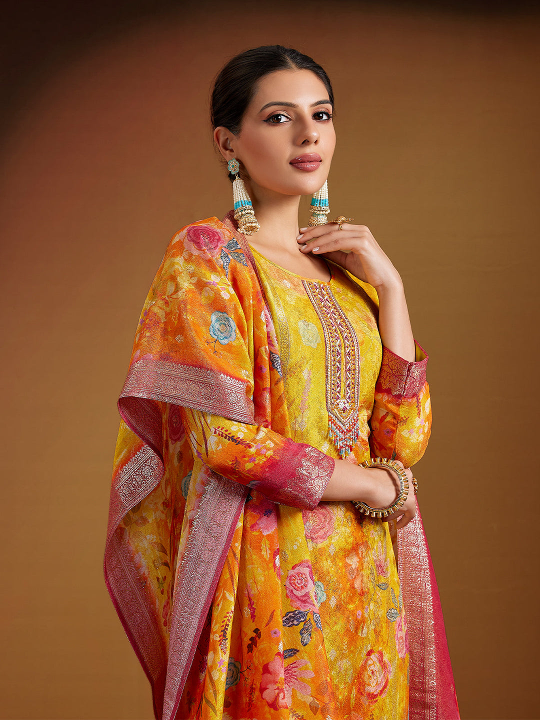 Mustard Yellow Jacquard Silk Suit Set